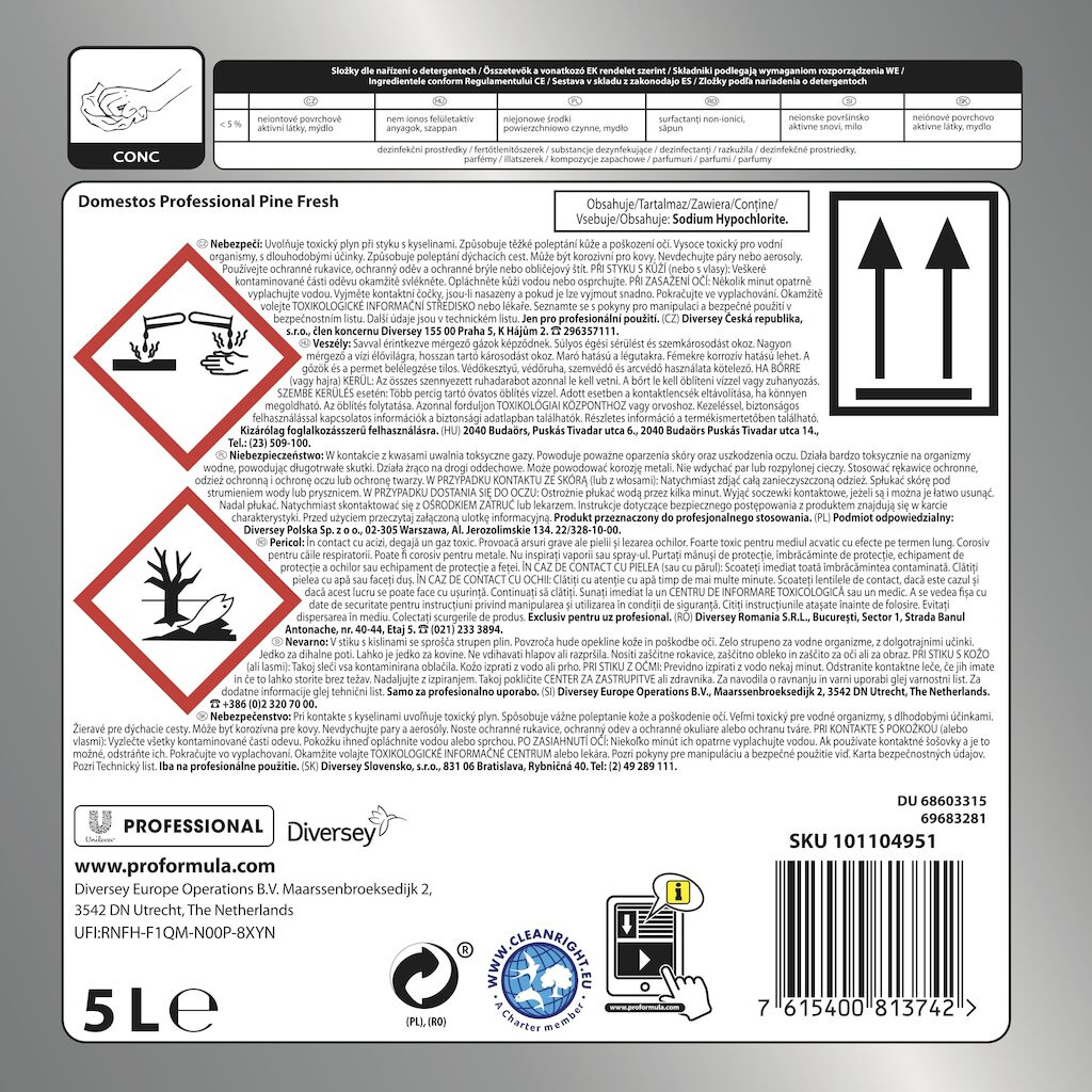DIVERSEY - Domestos Pro Formula Pine Fresh 5L - preparat dezynfekująco-czyszcząco-wybielający